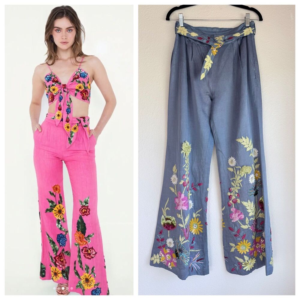 NEW La Fuori Linen-Silk Embroidered Beaded Sequin Wide Leg Pants in Slate Blue M